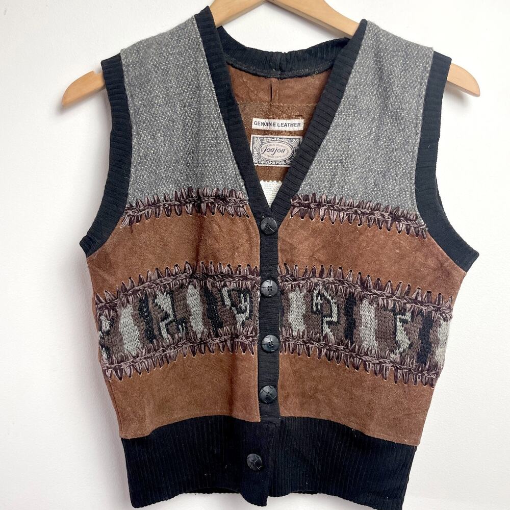 Vintage 80s 90s Suede Patchwork Sweater Vest Medium Boho Indie Southwestern